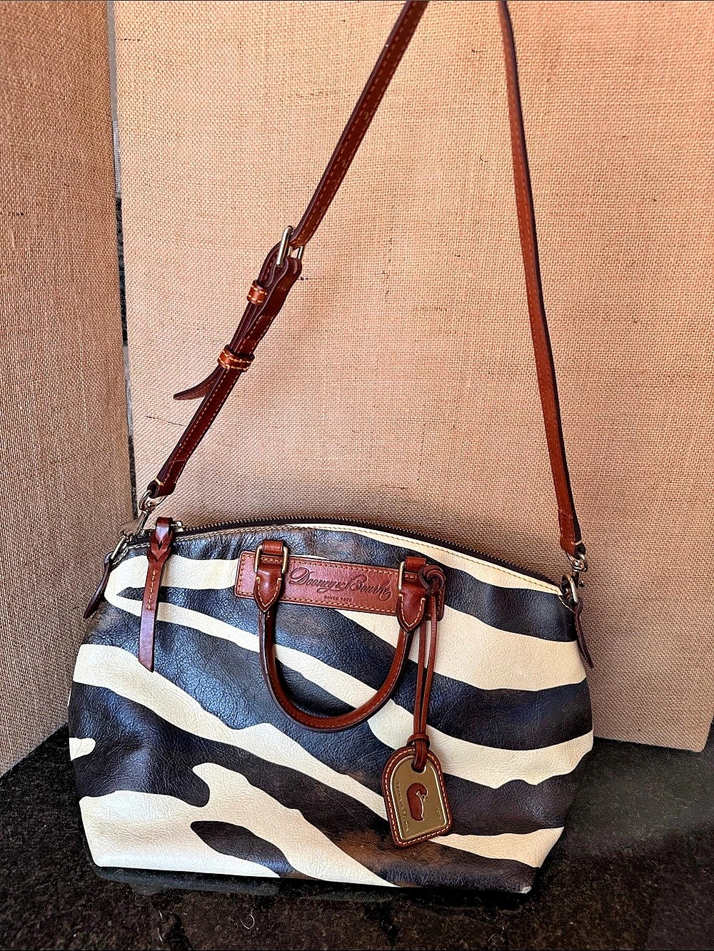 Dooney & Bourke Zebra Leather Domed Zip Satchel Black & White
